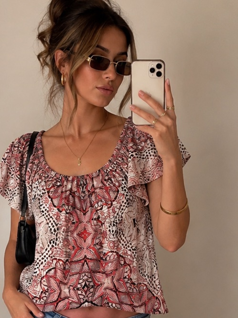 Style & Co Y2K Paisley Boho Flutter Sleeve Tunic Top Pink Brown Size Small